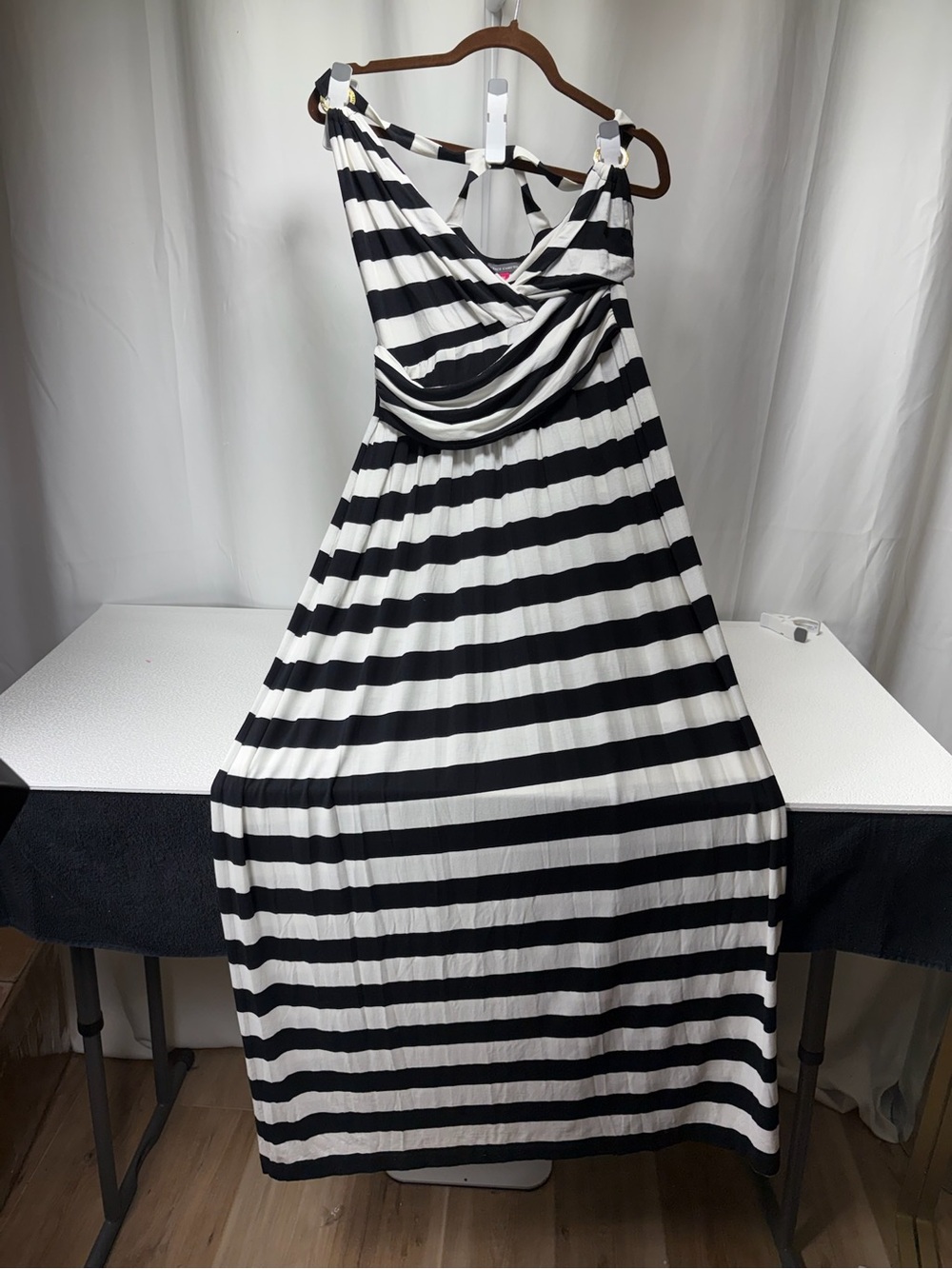 Vince Camuto Black & White Striped Maxi Dress with Draped Crossover Bodice 4415